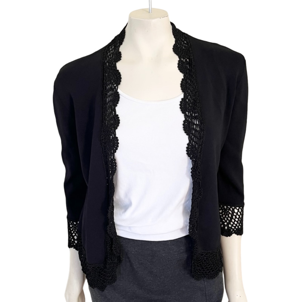 VTG JOSEPH A. Open Front Stretchy Cardigan Scalloped crochet knit trim SZ 8